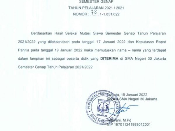PENGUMUMAN HASIL SELEKSI MUTASI PESERTA DIDIK SMA NEGERI 30 JAKARTA SEMESTER GENAP TAHUN PELAJARAN 2021/2022