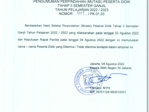 Pengumuman Perpindahan (mutasi) peserta didik tahap 2