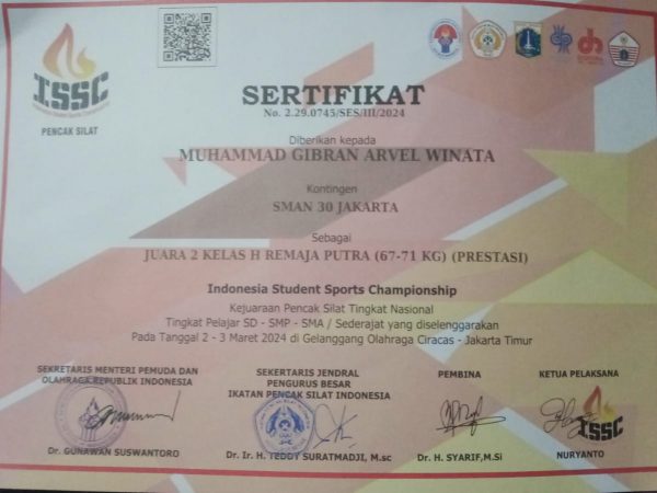 Juara 2 Kelas H Putra Tingkat SMA. Kejuaraan Pencak Silat Tingkat Nasional Indonesia Student Sports Championship