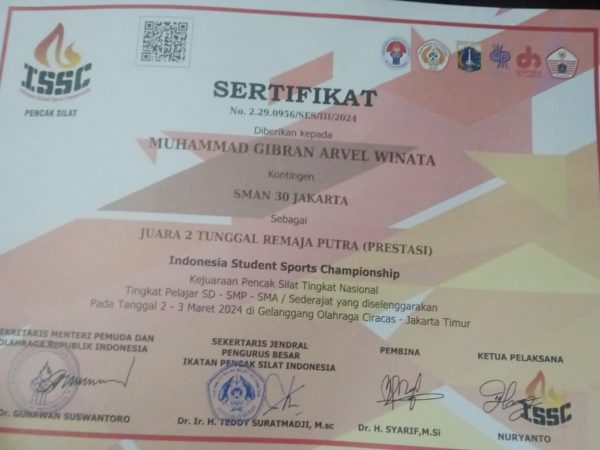 Juara 2 Seni Tunggal Putra Tingkat SMA. Kejuaraan Pencak Silat Tingkat Nasional Indonesia Student Sports Championship