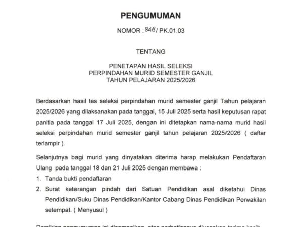 PENGUMUMAN PENETAPAN HASIL SELEKSI PERPINDAHAN MURID SEMESTER GANJIL TAHUN PELAJARAN 2025/2026