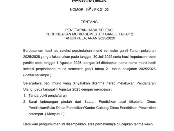 PENGUMUMAN SELEKSI PERPINDAHAN MURID  SMAN 30 JAKARTA TAHAP 2