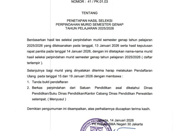 HASIL SELEKSI PERPINDAHAN MURID SEMESTER GENAP TAHUN PELAJARAN 2025-2026