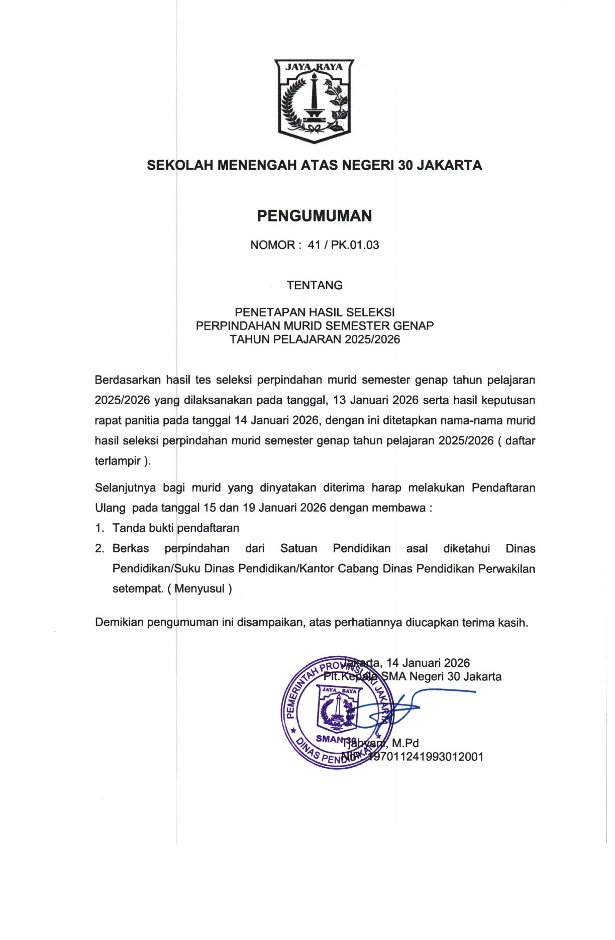 HASIL SELEKSI PERPINDAHAN MURID SEMESTER GENAP TAHUN PELAJARAN 2025-2026 HASIL SELEKSI PERPINDAHAN MURID SEMESTER GENAP TAHUN PELAJARAN 2025-2026