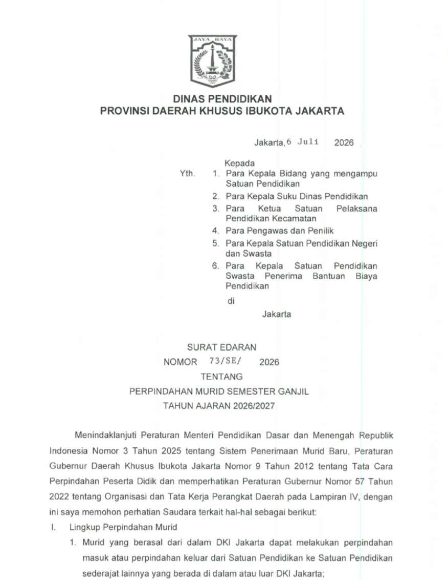 SURAT EDARAN PERPINDAHAN MURID SEMESTER GANJIL TAHUN AJARAN 2026/2027