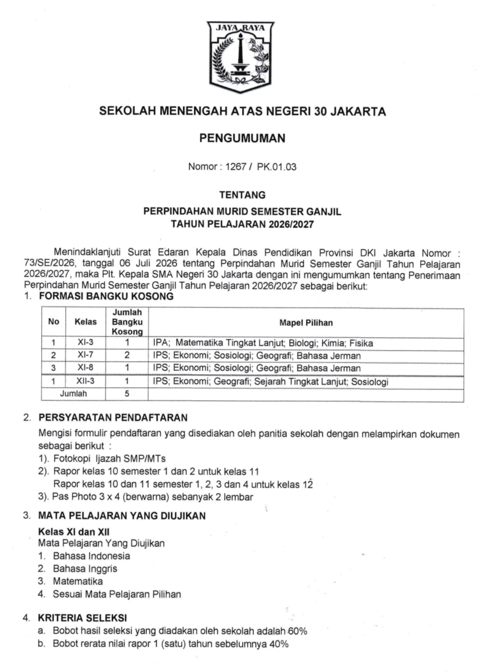 PERPINDAHAN MURID SEMESTER GANJIL TAHU N PELAJARAN 2026/2027